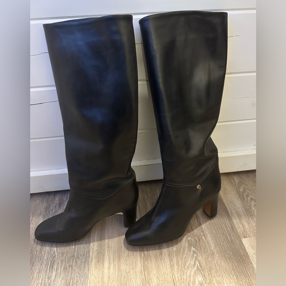 BALLY Black Leather Heeled Knee High Boots Equestrian Logo are a size 10. - Picture 4 of 11